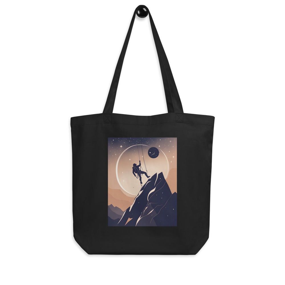 Black tote bag with rock climber at the top of a mountain