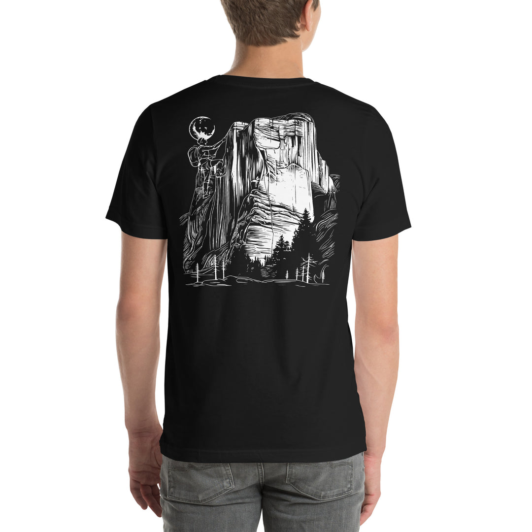 Black T-shirt picturing a climber on a rock face