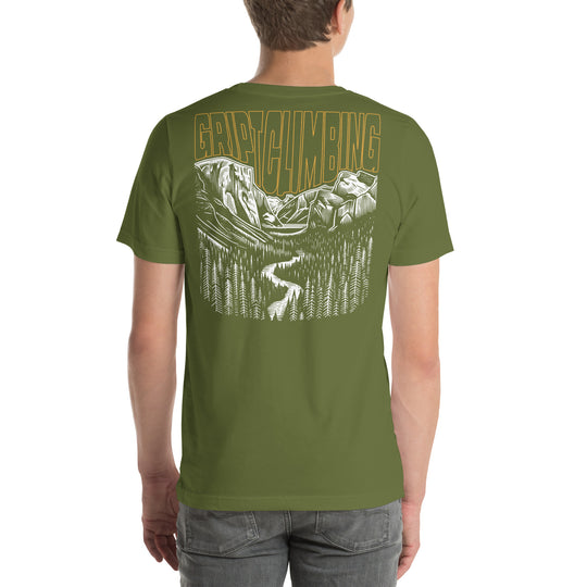 Olive shirt with hand drawing of Yosemite valley and words Gript Climbing