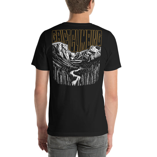 Black shirt with hand drawing of Yosemite valley and words Gript Climbing